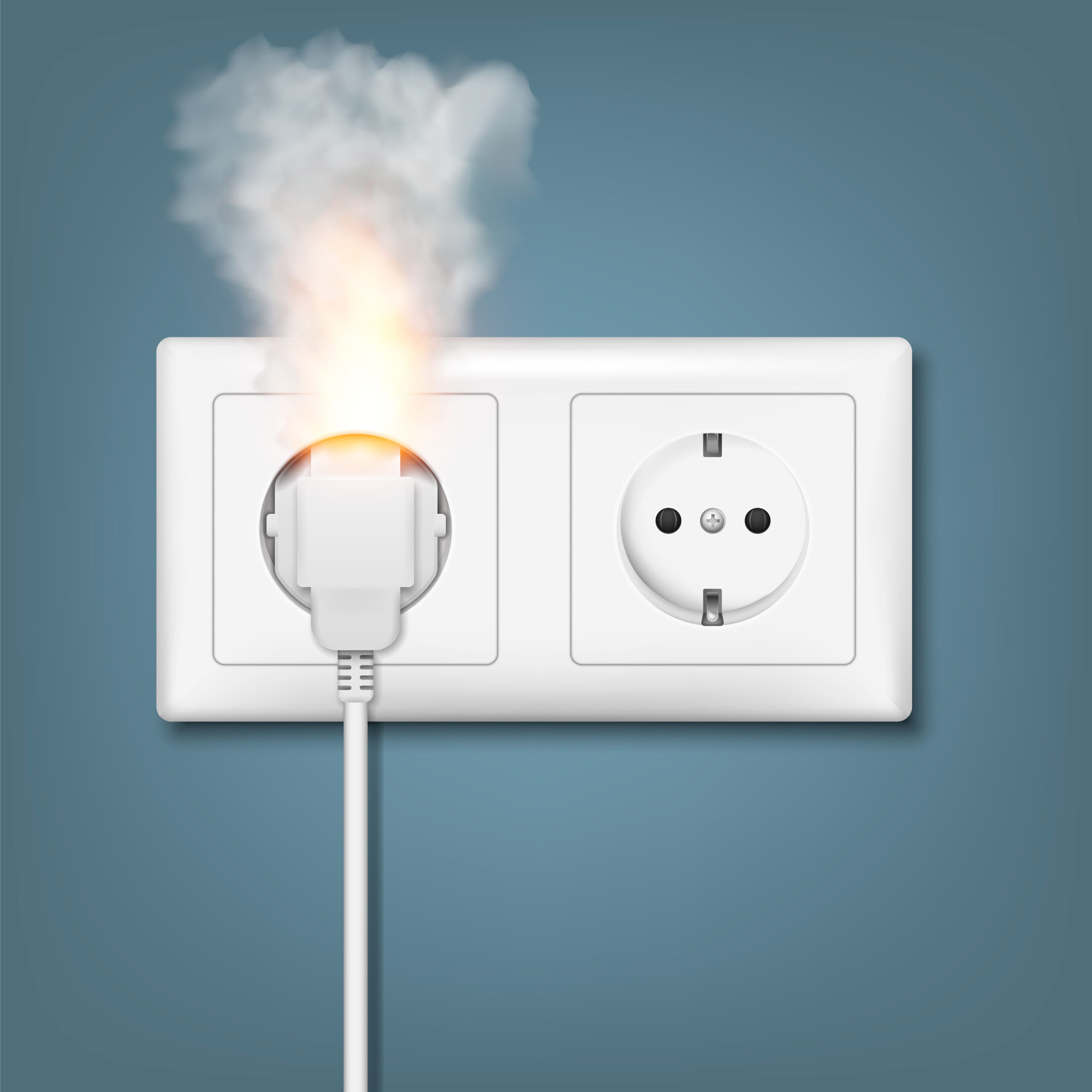Fire wiring emergency: Realistic depiction of a socket and plug on fire due to overload. Contact Electrical Services in Whitehouse, TX for professional and expert electrician assistance.